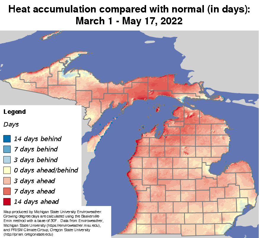 photo 5.  growing degree day map of michigan, difference from normal